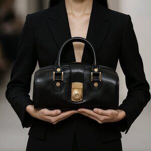 Francesco Rogani Black Leather Structured Handbag Gold Hardware Top Handle